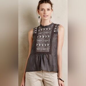 Anthropologie Tiny Charcoal Ethnic Embroidered Artisan Sleeveless Blouse, Size M